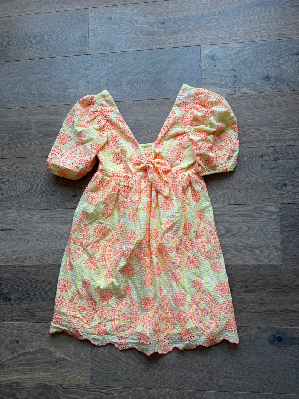 Women’s Yellow & Coral Puff-Sleeve Summer Dress